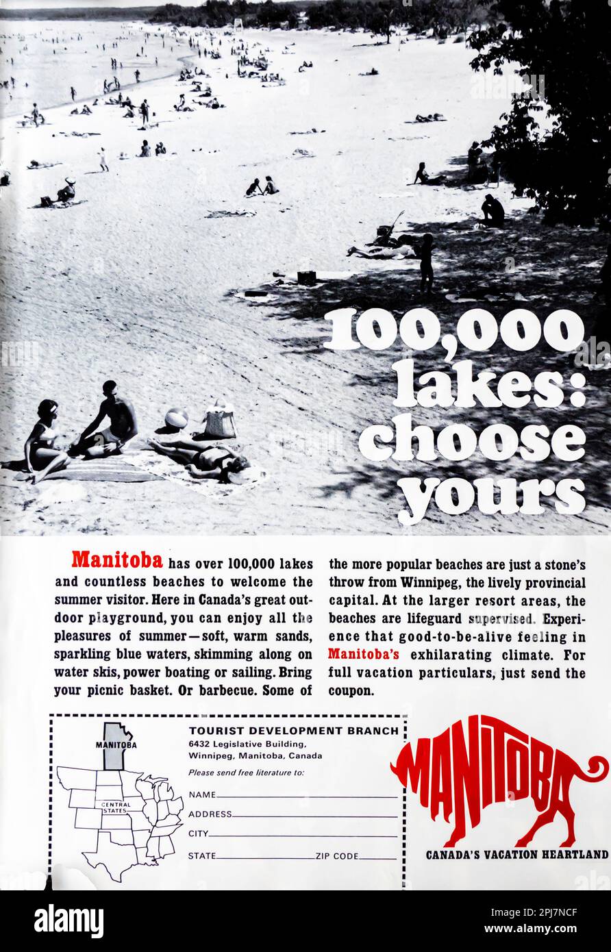 Reisewerbung für Manitoba Canada in einer Zeitschrift NatGeo, 1966 Stockfoto
