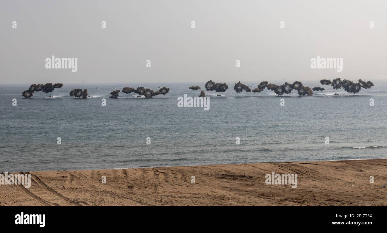 HWAJIN-RI BEACH, Republik Korea (29. März 2023) – die Marines der Republik Korea nähern sich während des Ssang Yong 23 in koreanischen Amphibienfahrzeugen dem Ufer eines Amphibienangriffs. Anlässlich des 70.-jährigen Bestehens der Allianz zwischen den USA und der Russischen Föderation stärkt Ssang Yong 2023 die Allianz durch bilaterale gemeinsame Schulungen, trägt zur gemeinsamen Verteidigung der koreanischen Halbinsel durch die Russische Föderation bei und erhöht die Bereitschaft der Allianz zwischen den USA und der Russischen Föderation. (USA Marinekorps Foto von CPL. Austin Gillam) Stockfoto