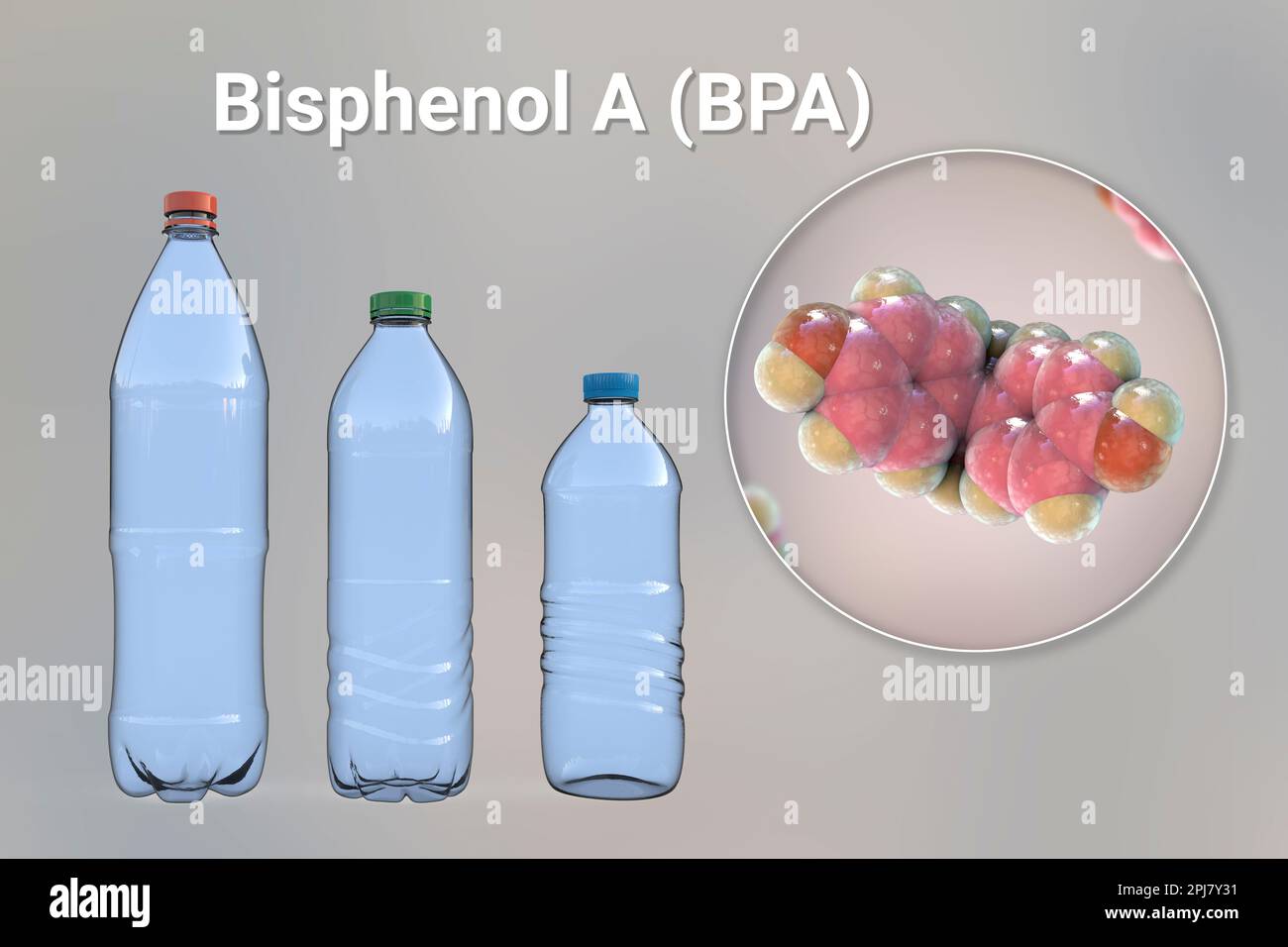 Bisphenol A Molekül und Plastikflaschen, Illustration Stockfoto