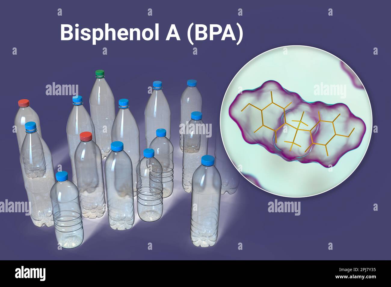 Bisphenol A (BPA)-Molekül und Plastikflaschen. Computerdarstellung der Verwendung der organischen Verbindung bei der Herstellung von Polycarbonat Stockfoto