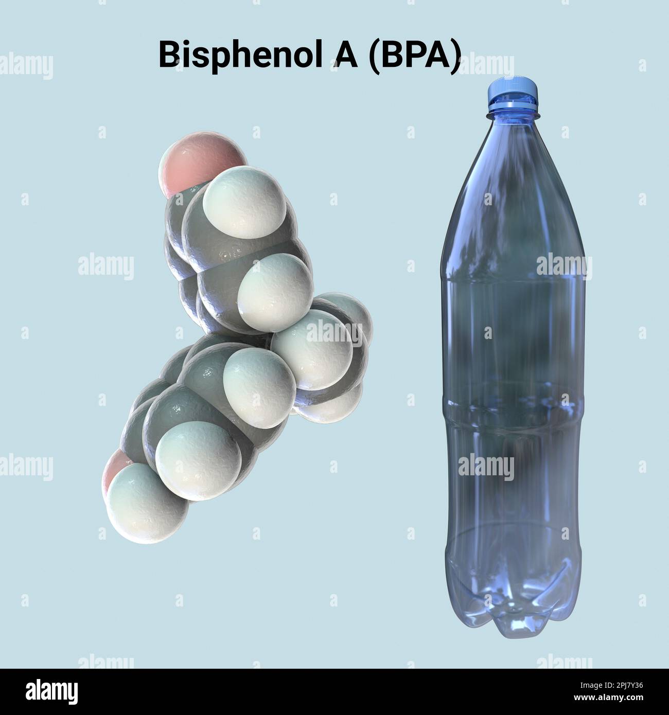 Bisphenol A Molekül und Plastikflasche, Illustration Stockfoto