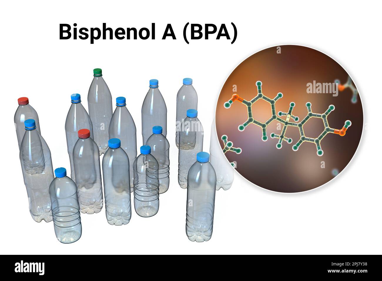 Bisphenol A Molekül und Plastikflaschen, Illustration Stockfoto