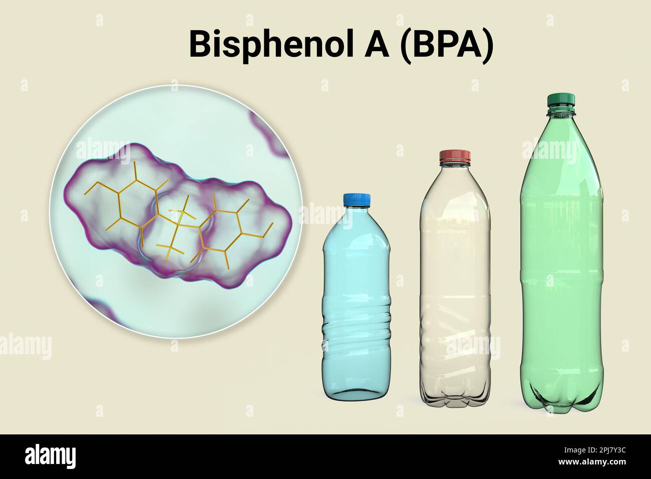 Bisphenol A Molekül und Plastikflaschen, Illustration Stockfoto