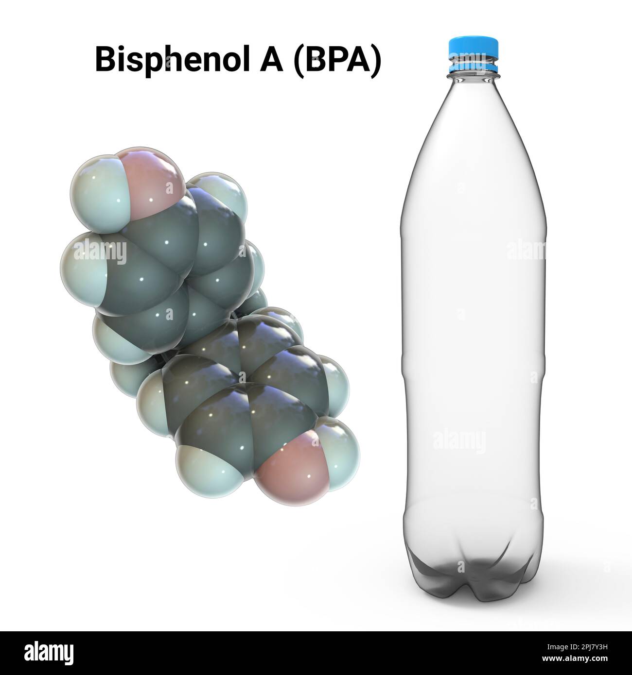 Bisphenol A Molekül und Plastikflasche, Illustration Stockfoto