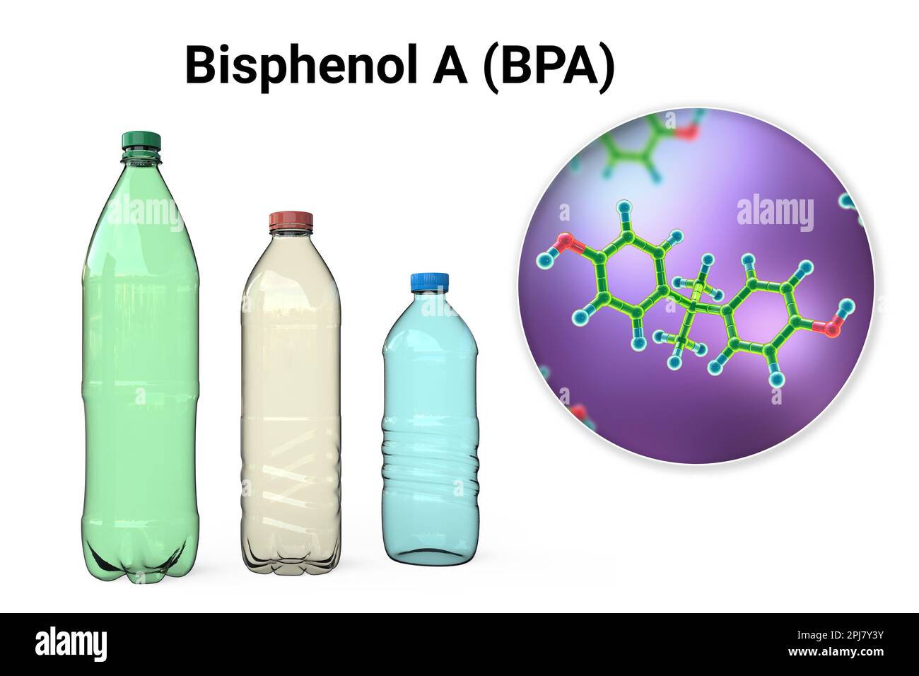 Bisphenol A (BPA)-Molekül und Plastikflaschen. Computerdarstellung der Verwendung der organischen Verbindung bei der Herstellung von Polycarbonat Stockfoto