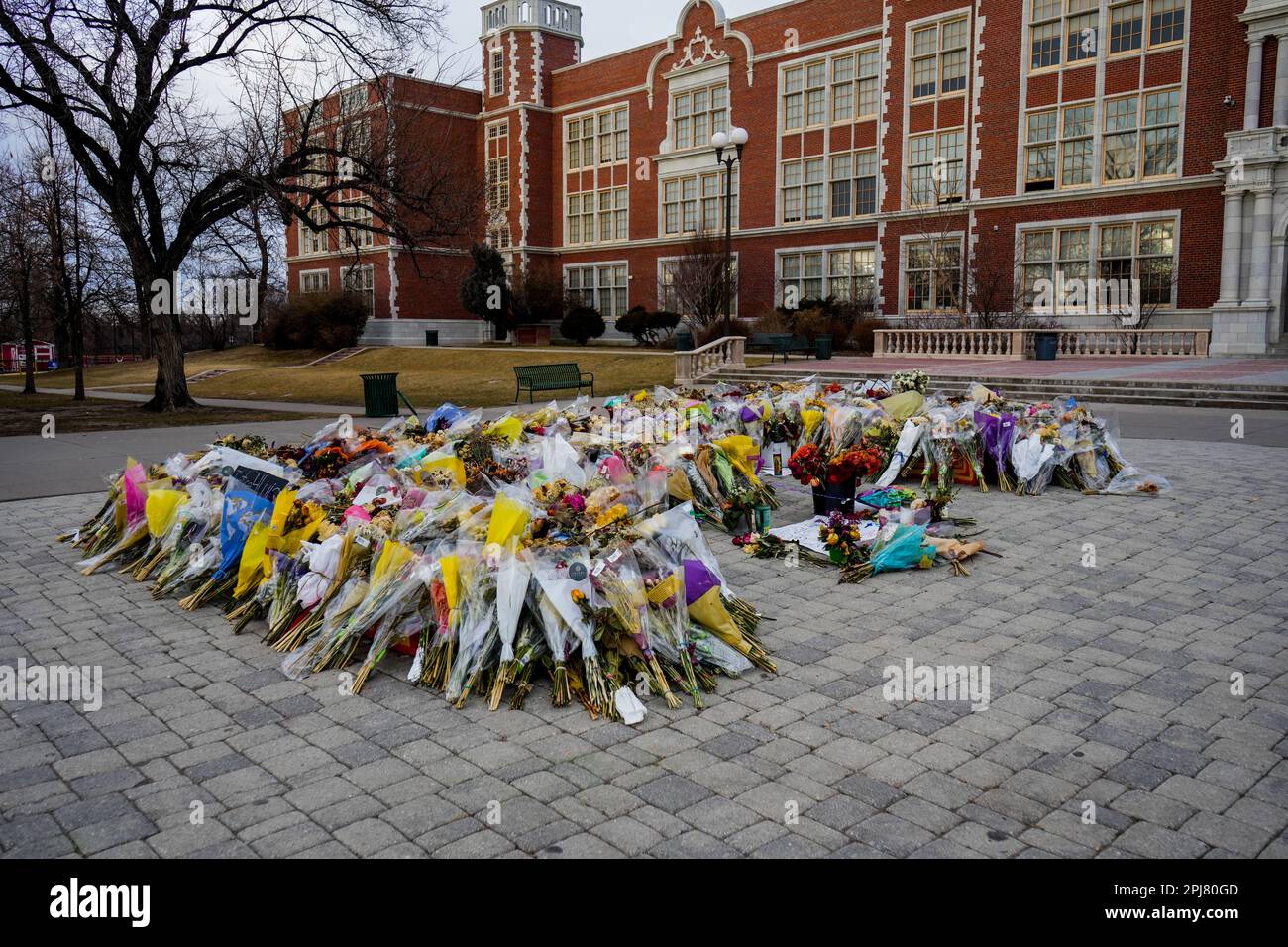 Denver, Colorado, Vereinigte Staaten - 3,6,2023: East High School, Blumen und Gedenkstätte für den Tod eines 16-jährigen Schülers, der in der Nähe der Schule erschossen wurde Stockfoto