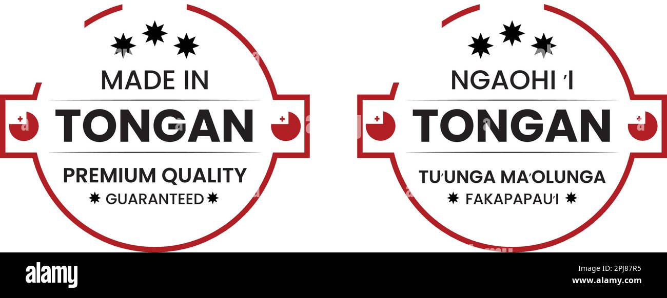 Hergestellt in Tonga-Rundetiketten in englischer und tonganischer Sprache. Vektorsymbol für Qualitätsmarkierungen. Perfekt für Logo-Design, Anhänger, Abzeichen, Aufkleber usw. Stock Vektor