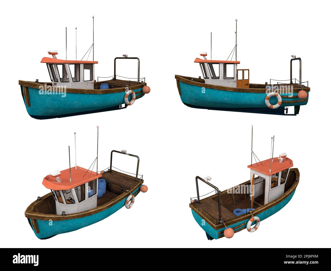 Cartoon Low Poly Fischerschiff auf weißem Hintergrund, Clipping Path, 3D-Rendering Stockfoto