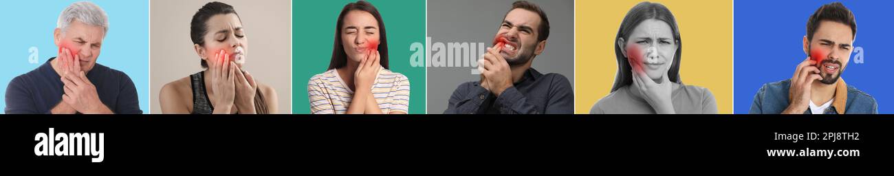 Collage mit Fotos von Menschen mit akuten Zahnschmerzen. Bannerdesign Stockfoto