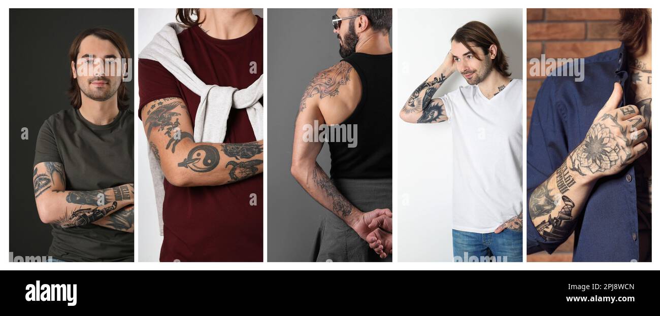 Collage mit Fotos von gutaussehenden Männern mit Tätowierungen am Körper, Nahaufnahme. Bannerdesign Stockfoto