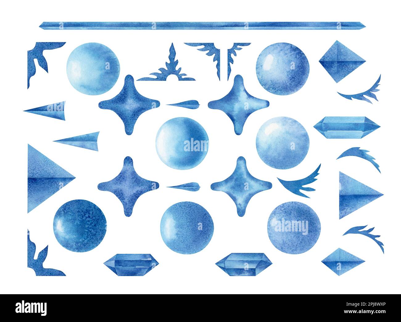 Aquarell handgezeichnete abstrakte blaue Eisschmuck und ostereier. Auf weißem Hintergrund isolierte Elemente Stockfoto