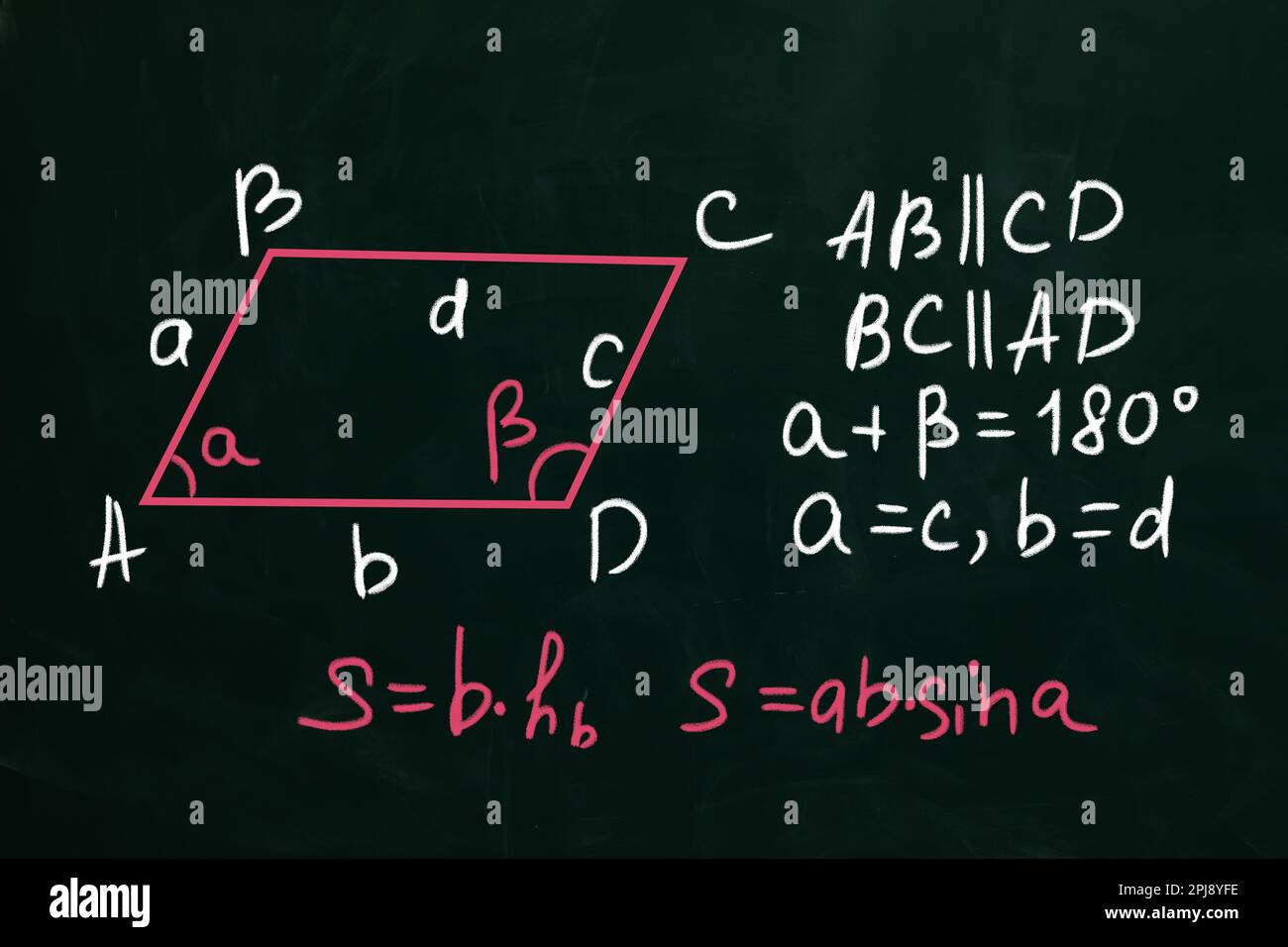 Grundformeln für Parallelogrammbereich auf dem Schwarzen Brett Stockfoto