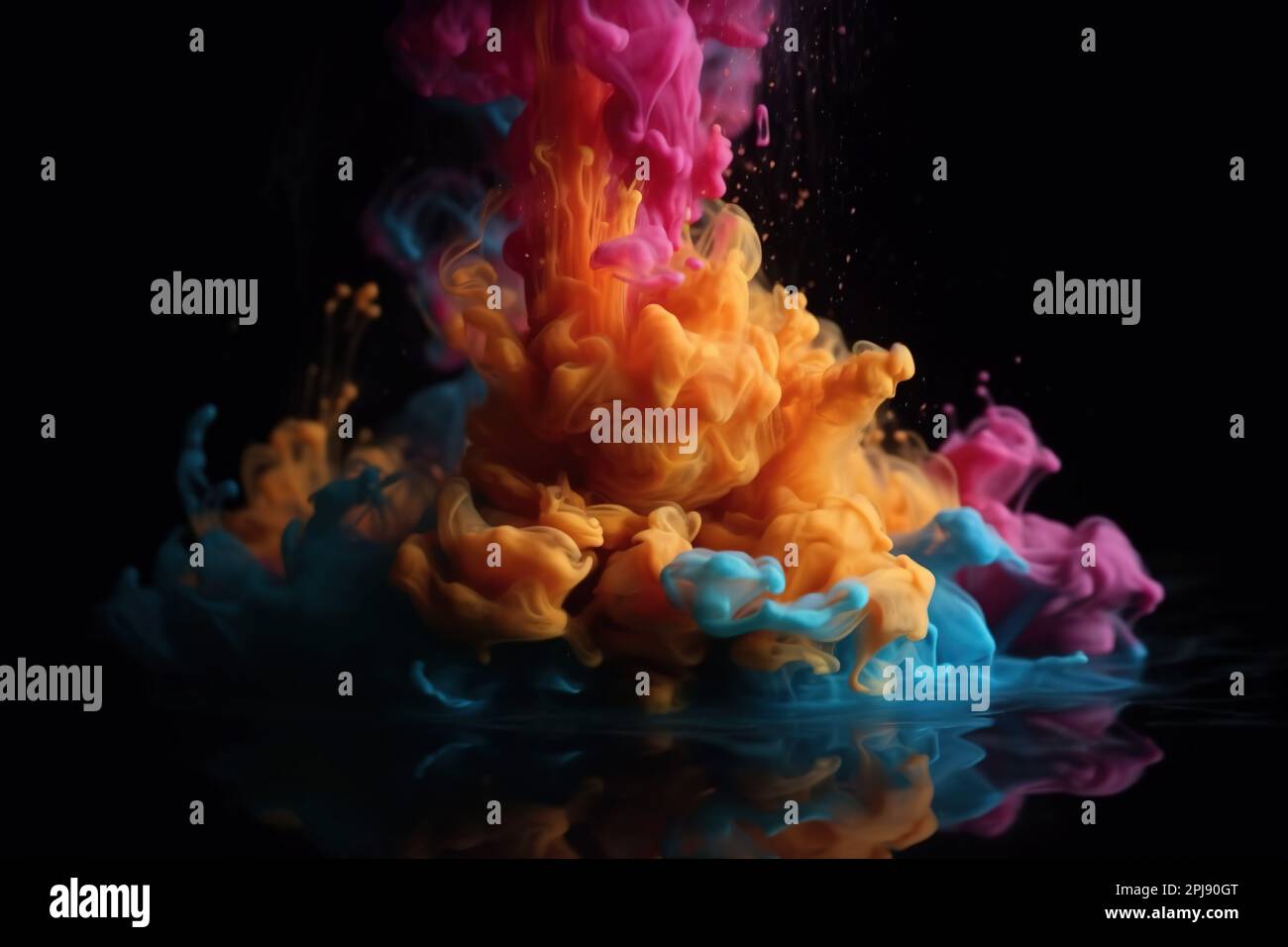 Explosion von bunten staubigen Wolken auf schwarzem Hintergrund Stockfoto