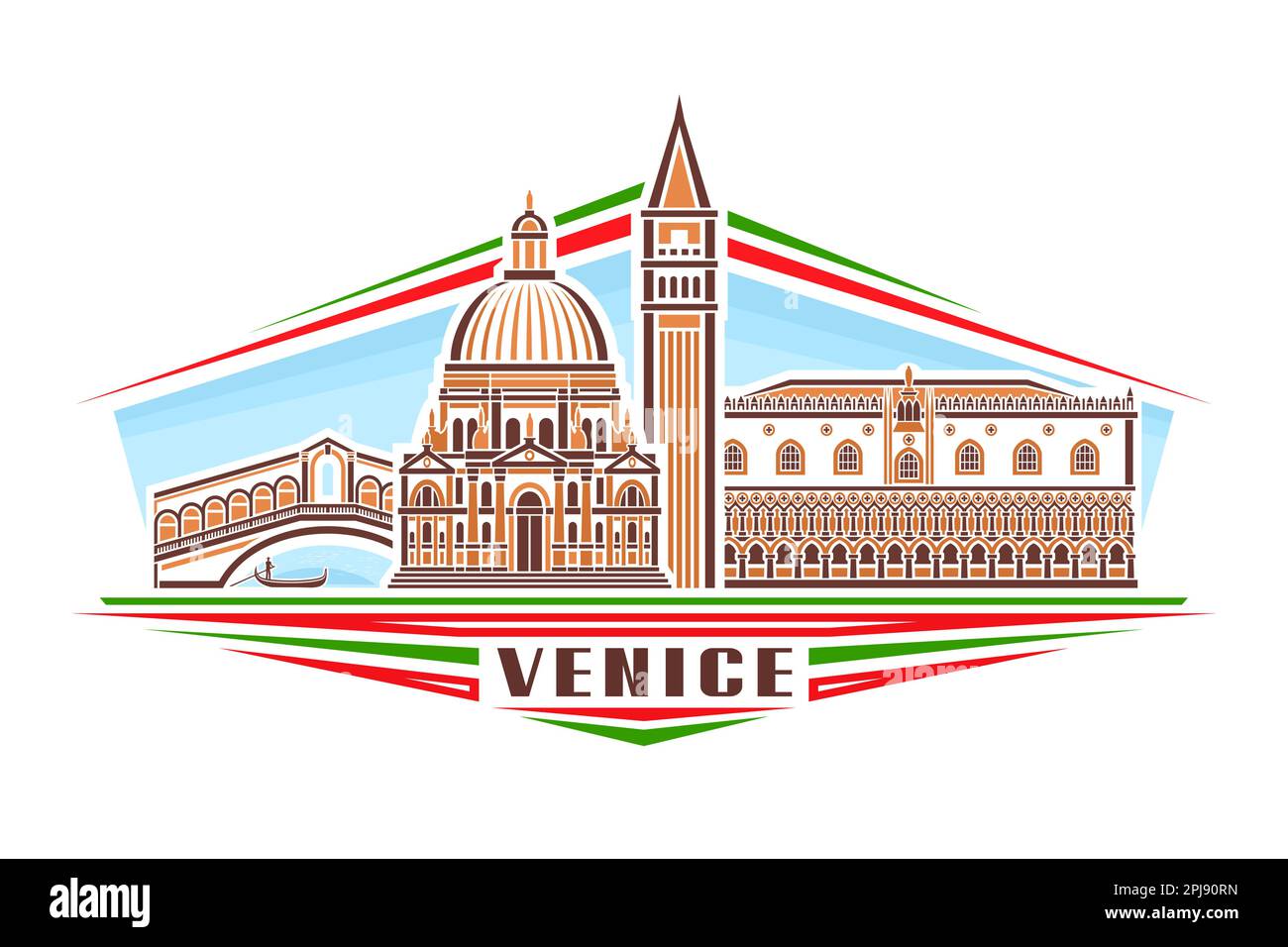 Vektordarstellung von Venedig, horizontales Abzeichen mit einfachem linearem Design, berühmte stadtlandschaft von venedig im Hintergrund des Tageslichts, europäische historische Linienkunst Stock Vektor