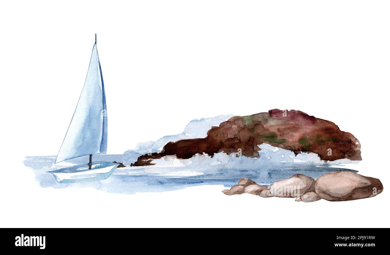 Küste mit einem Segelboot. Aquarelldarstellung. Handgezeichneter Strand mit Sandstrand und Felsen. Hintergrund der Naturszene. Stockfoto