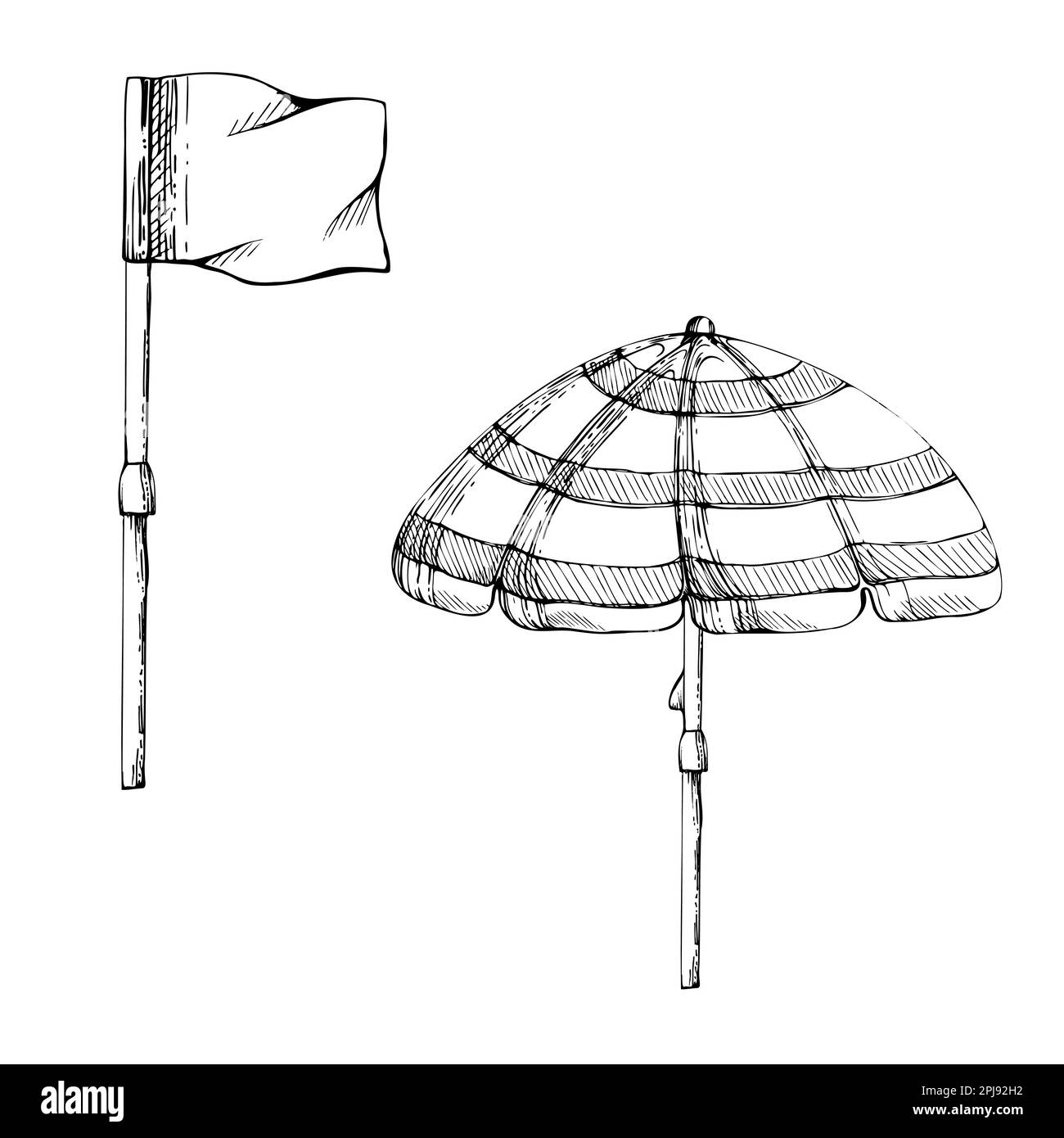 Handgezeichnete Vektorelemente. Gestreifte Strandtasche mit Accessoires, Kokosnussschale. Isoliert auf weißem Hintergrund. Wandgestaltung, Hochzeit Stock Vektor