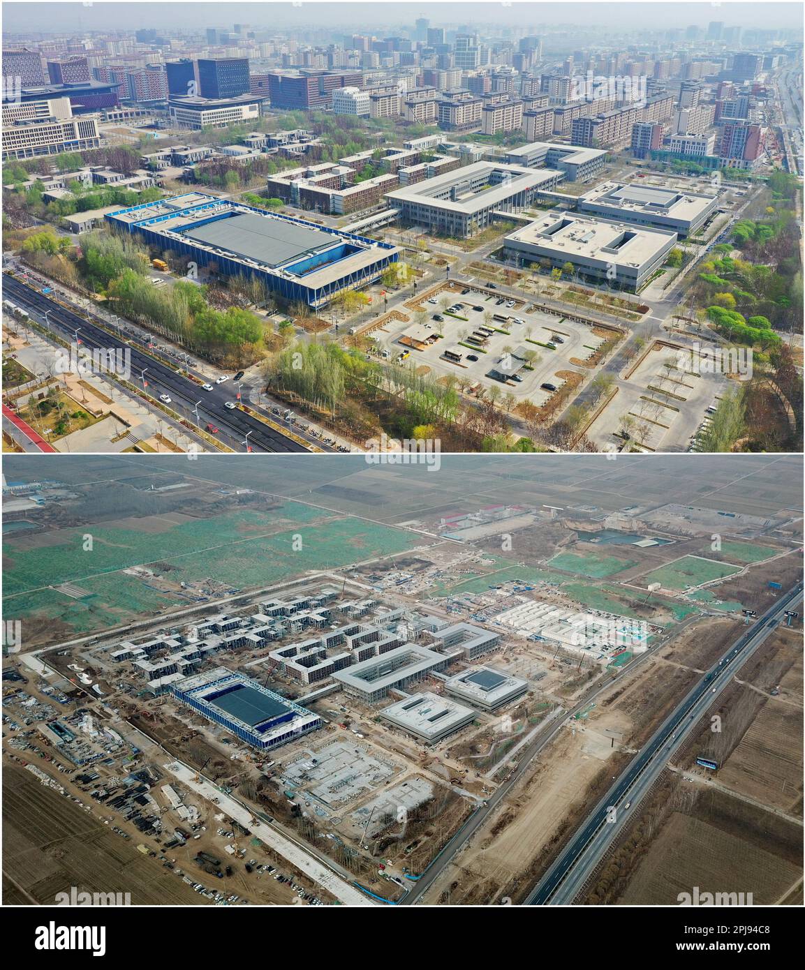 Xiong'an. 1. April 2017. Dieses Kombi-Foto zeigt die Luftaufnahme des Xiong'an Citizen Service Center am 31. März 2023 (ab) und die Baustelle am 21. März 2018 in Xiong'an New Area, Nordchina Provinz Hebei. China kündigte am 1. April 2017 die Errichtung eines neuen Gebiets in Xiong'an an an, um Peking von Funktionen zu befreien, die für seine Rolle als Landeshauptstadt nicht wesentlich sind, und die koordinierte Entwicklung der Region Peking-Tianjin-Hebei voranzutreiben. Kredit: Mu Yu/Xinhua/Alamy Live News Stockfoto