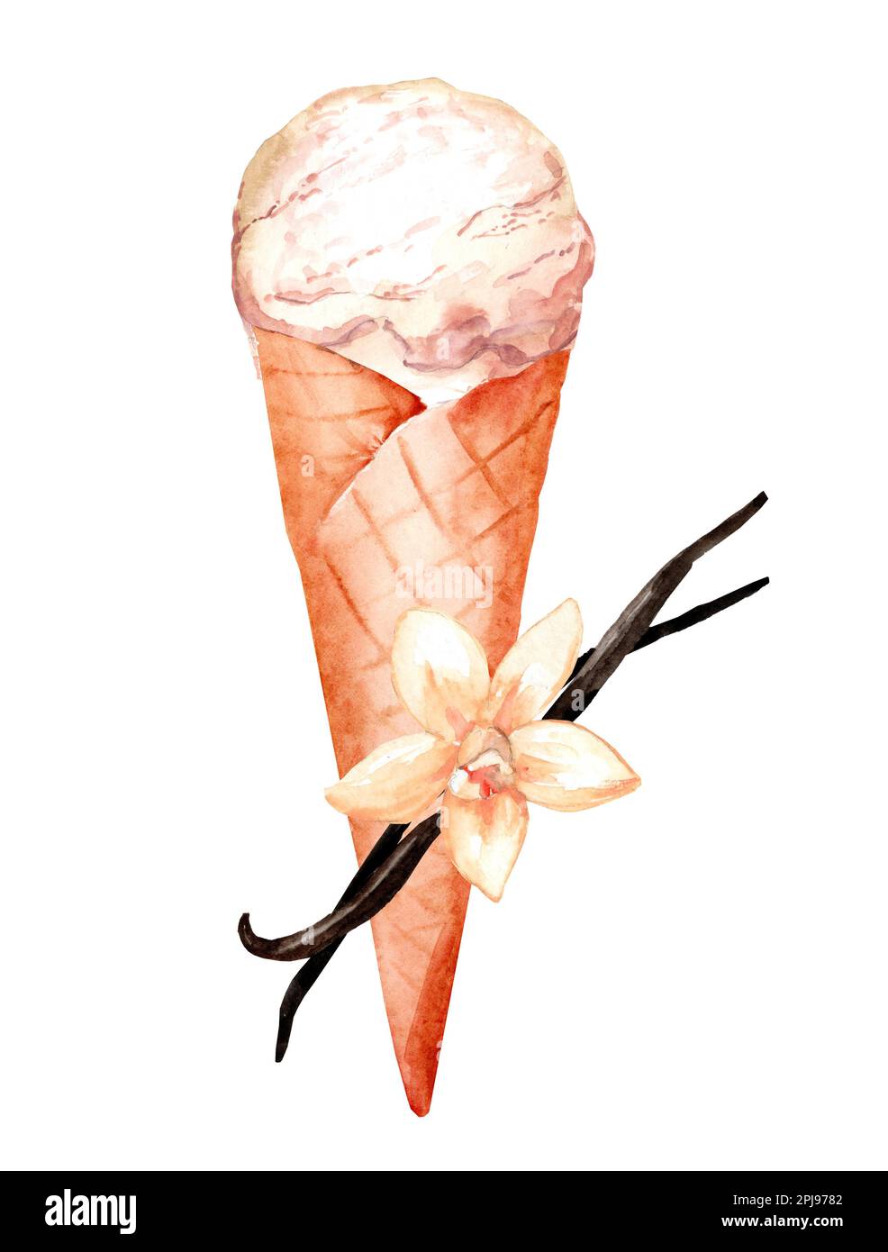 Vanilleeis in Waffelform. Handgezeichnete Aquarelle mit Sommerdessert Stockfoto