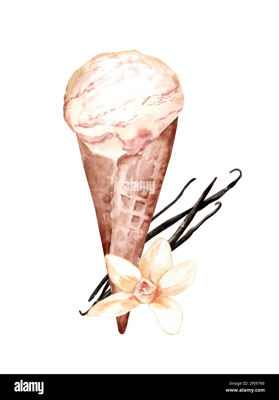 Vanilleeis in Waffelform. Handgezeichnete Aquarelle mit Sommerdessert Stockfoto
