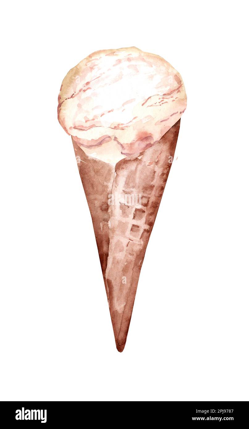 Vanilleeis in Waffelform. Handgezeichnete Aquarelle mit Sommerdessert Stockfoto
