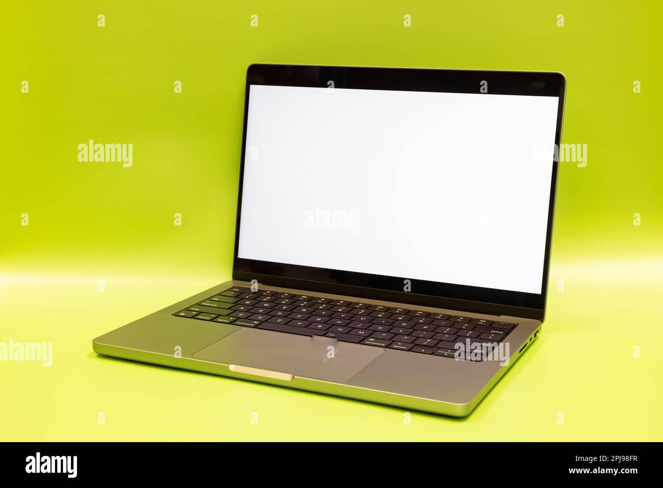 Moderner Metall-Laptop oder -Notebook-Computer auf grünem Hintergrund. Weißer Bildschirmbereich für Retuschieren Stockfoto