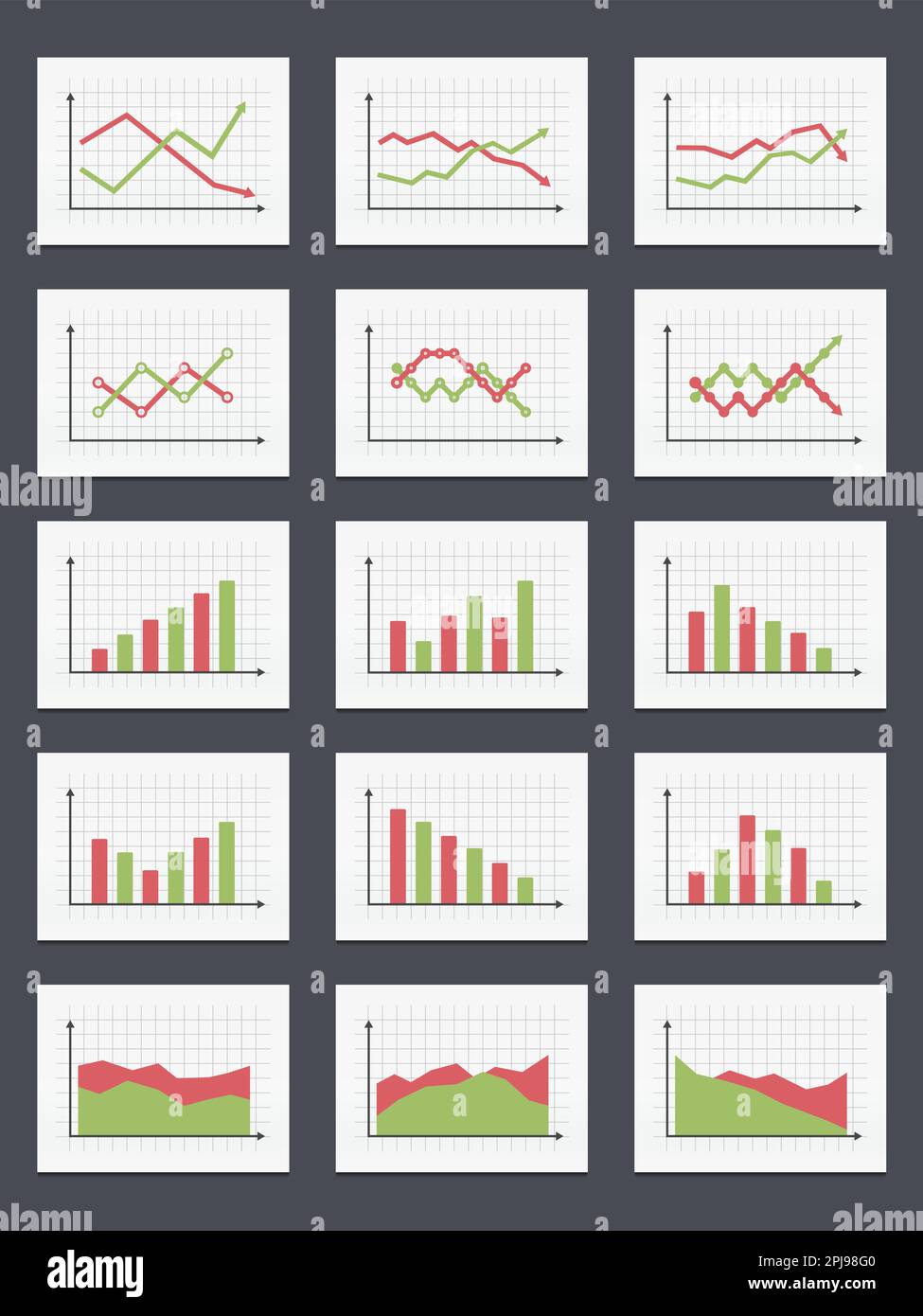 Satz verschiedener Diagramme und Diagramme, grüne und rote Farben, Vektor-EPS10-Abbildung Stock Vektor