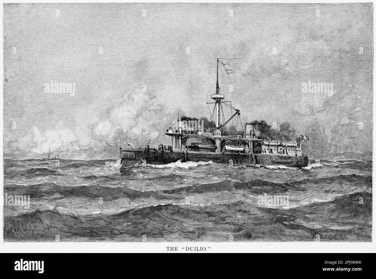 Gravur des Duilio, eines von zwei eisernen Turmschiffen, die in den 1870er und 1880er Jahren für die Royal Italian Navy (Regia Marina) gebaut wurden. Die beiden Schiffe, Duilio und Enrico Dandolo, waren mit den größten verfügbaren Gewehren ausgestattet, 450 mm (17,7") große Mündungsladungsgewehre und waren die größten, schnellsten und mächtigsten Schiffe ihrer Zeit. Designer Benedetto Brin Stockfoto