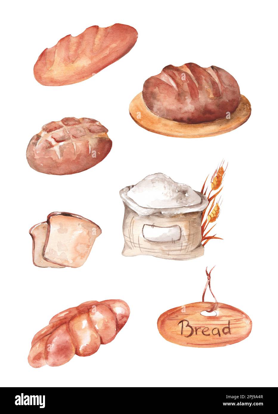 Brotweizen Lebensmittelprodukt Aquarellsymbol. Brötchen mit Roggen und Weizen, französisches Baguette, Toast, Brötchen, Mehlbeutel und Holzbrötchen Stockfoto