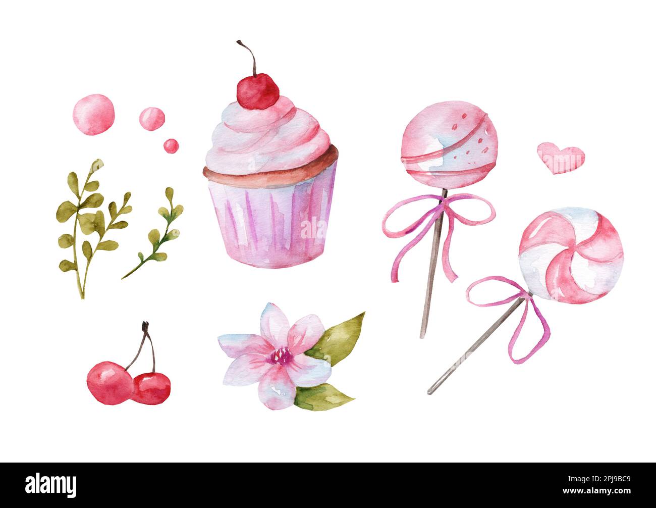 Satz von Abbildungen in Aquarellfarben. Süßigkeiten und Blumen auf weißem Hintergrund. Karamell, Cupcake, Kirschen, rosa Blumen. Kinderurlaub Stockfoto