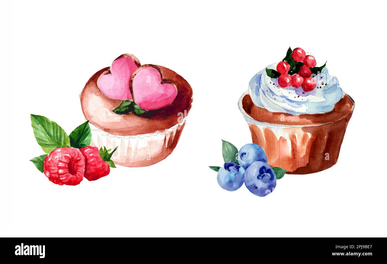 Ein Set mit Aquarell-Illustrationen von Süßigkeiten. Cupcakes und Kuchen mit Beeren und Sahne Stockfoto