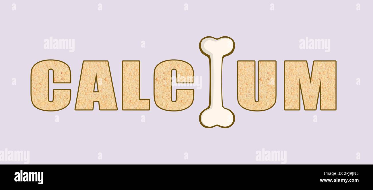 Wort KALZIUM aus Buchstaben und Knochen auf hellgrauem Hintergrund, Illustration. Bannerdesign Stockfoto