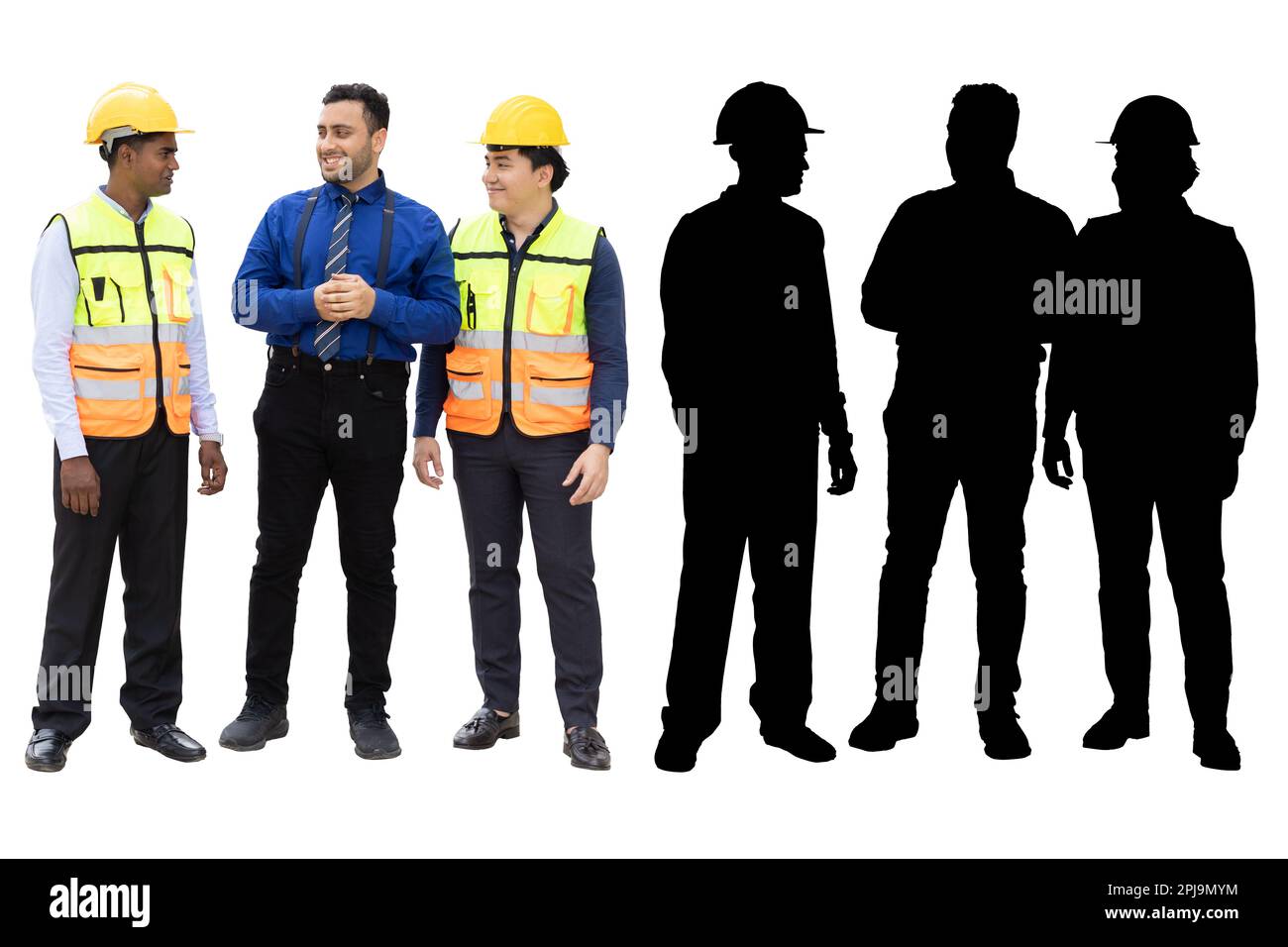Gruppe von Ingenieuren männliche südostasiatische indische Mischethnizität, die sich miteinander unterhalten, glücklich isoliert auf weißem Hintergrund mit Schatten-Alpha-Kanal Stockfoto