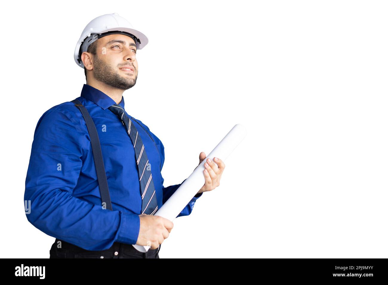 Porträt indischer hispanischer männlicher Architekt Ingenieur Projekt Designer Business Manager sieht stolz isoliert auf weißem Hintergrund aus Stockfoto