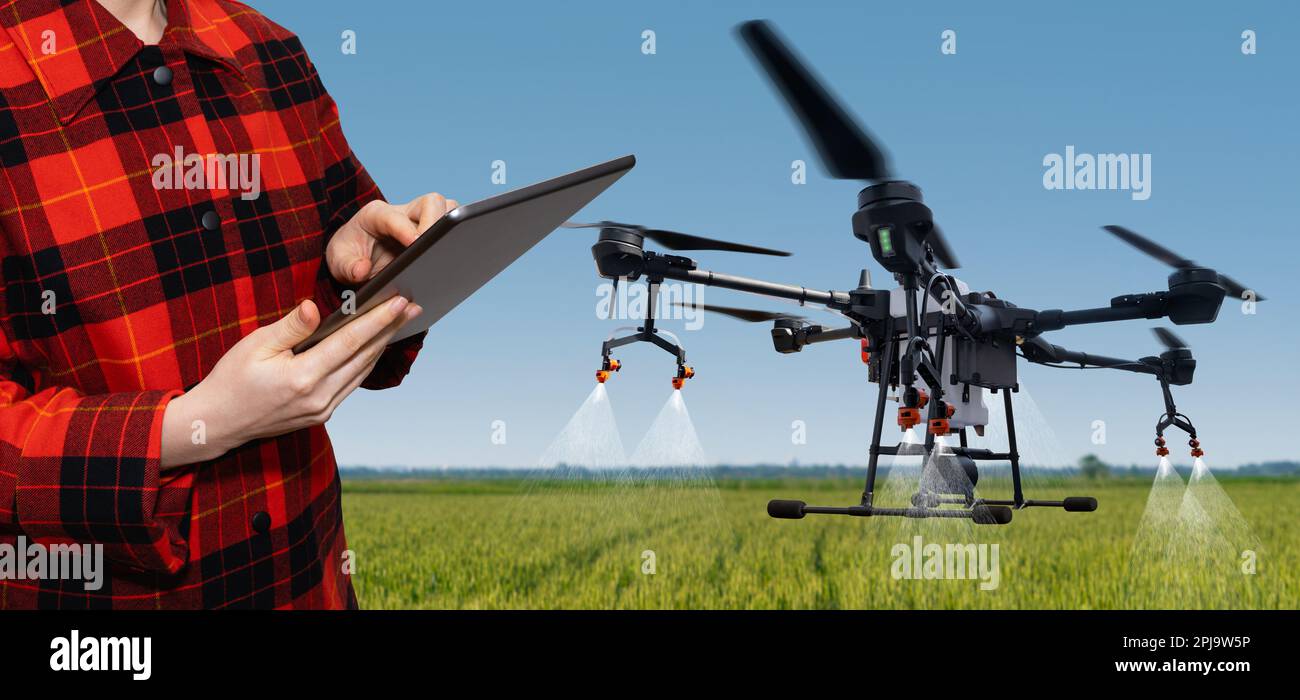 Der Landwirt steuert das Drohnenspray mit einem Tablet. Intelligente Landwirtschaft und Präzisionslandwirtschaft. Hochwertiges Foto Stockfoto
