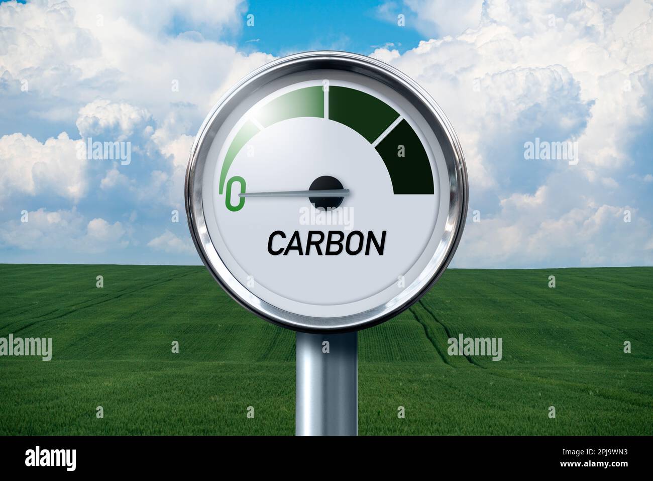 Manometer mit Aufschrift CARBON. Der Pfeil zeigt auf Null. Konzept der Kohlenstoffneutralität. Hochwertiges Foto Stockfoto