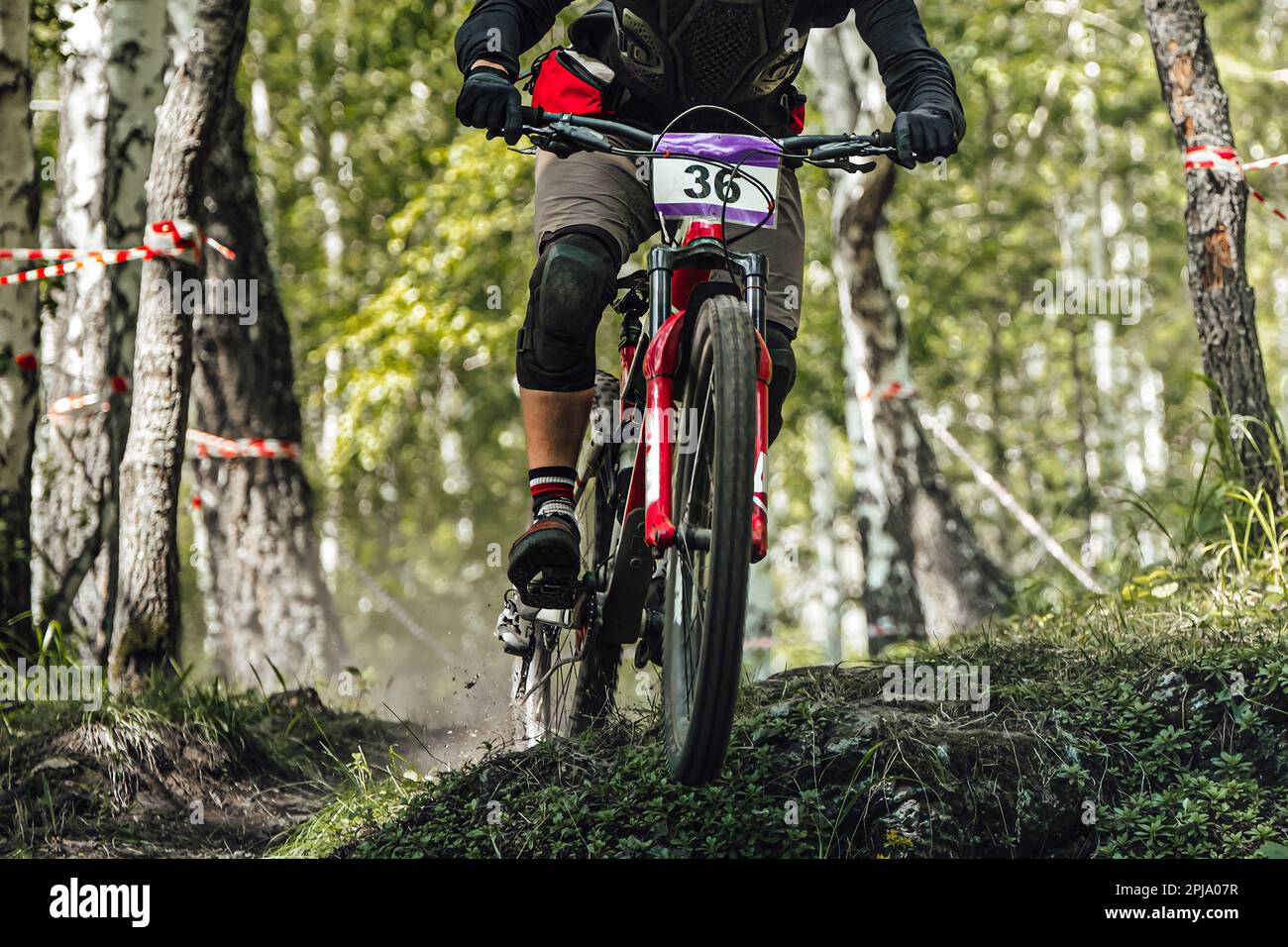 Sportler auf dem Downhill Bike, Waldweg, DH Mountain Bike Rennen, extreme Sommersportspiele Stockfoto