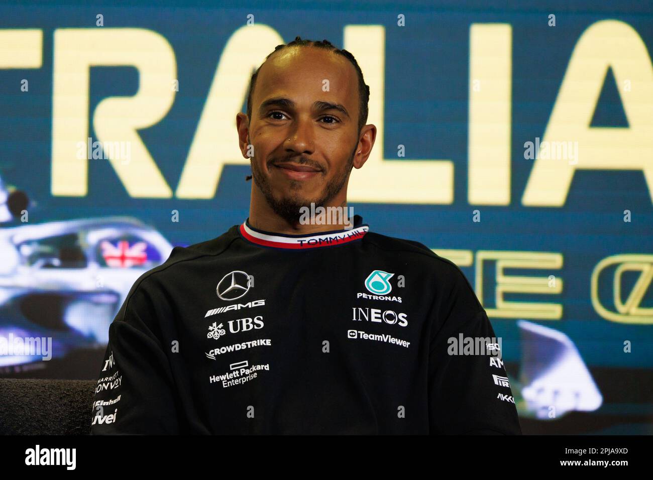 Albert Park, 1. April 2023 Lewis Hamilton (GBR) des Teams Mercedes während einer Presserei. Corleve/Alamy Live News Stockfoto