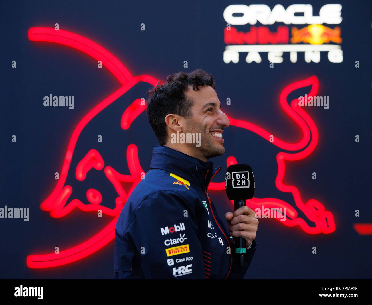 Albert Park, 1. April 2023 Daniel Ricciardo (AUS) Reservetreiber des Teams Red Bull während einer Presserei. Corleve/Alamy Live News Stockfoto