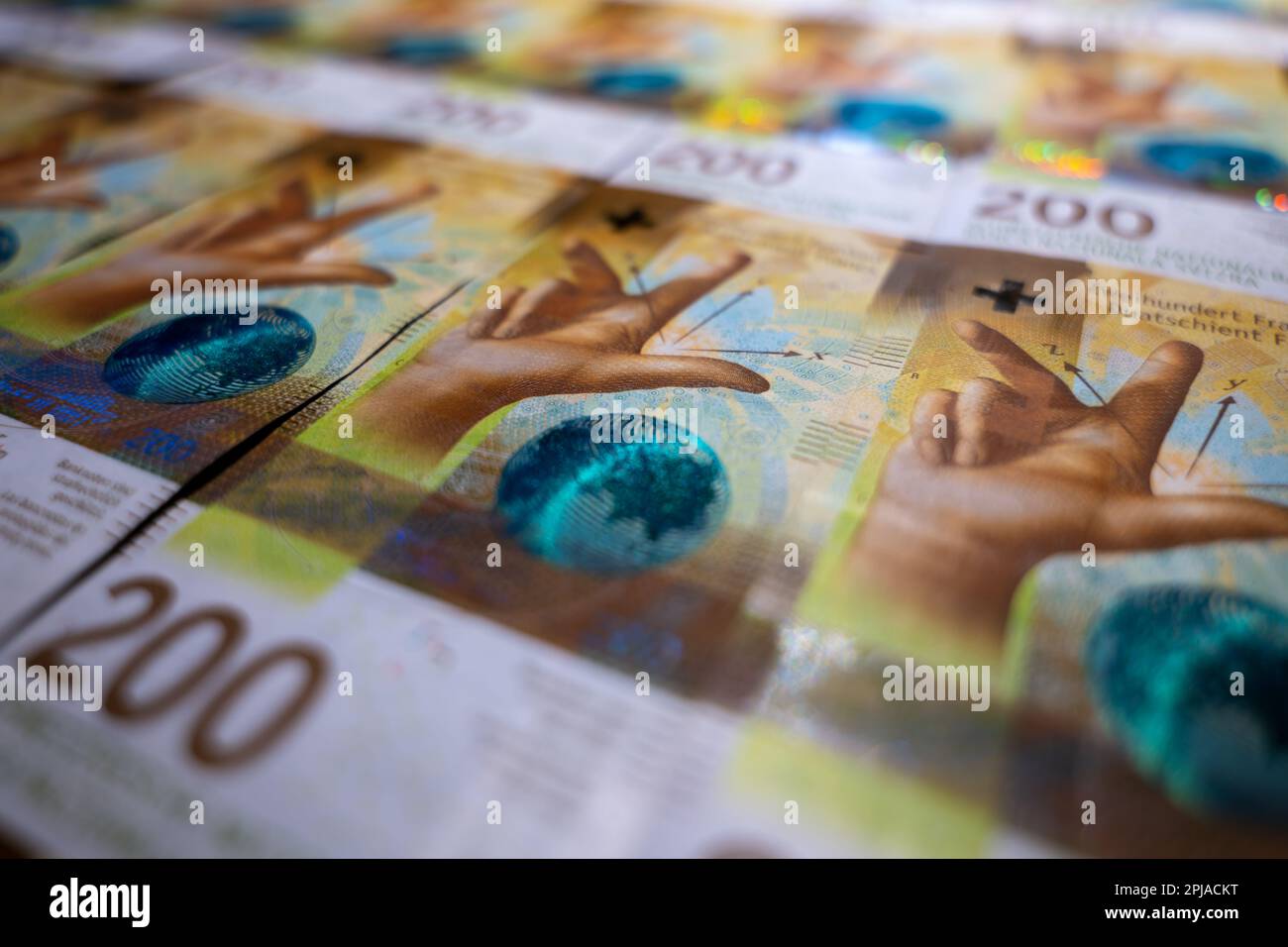 Schweizer Franken von 200 (zweihundert) Banknoten in der Schweiz. Stockfoto