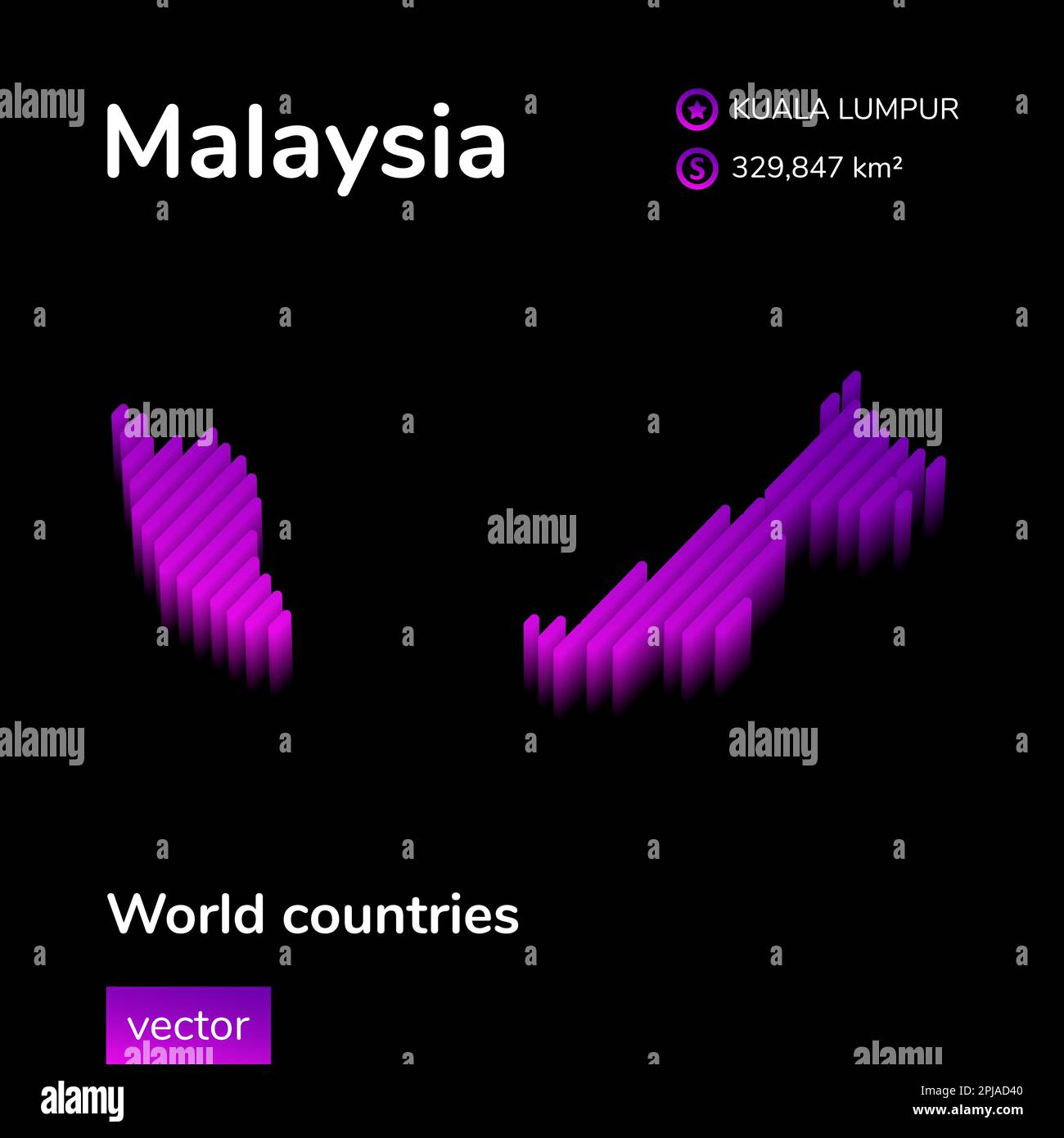 Vektorstreifen stilisierte Malaysia 3D-Karte in violetten Farben auf schwarzem Hintergrund Stock Vektor