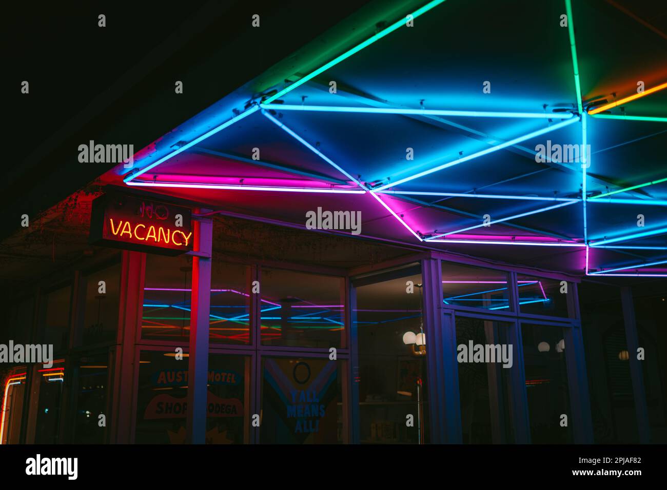 Bunte Lichter im Austin Motel, Austin, Texas Stockfoto