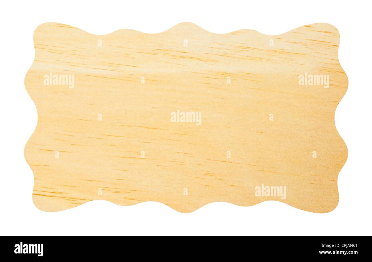 Kurviges Holzschild auf Weiß ausgeschnitten. Stockfoto