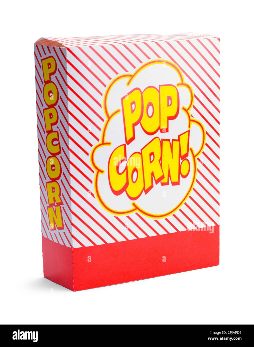 Große Popcorn Box, ausgeschnitten auf Weiß. Stockfoto