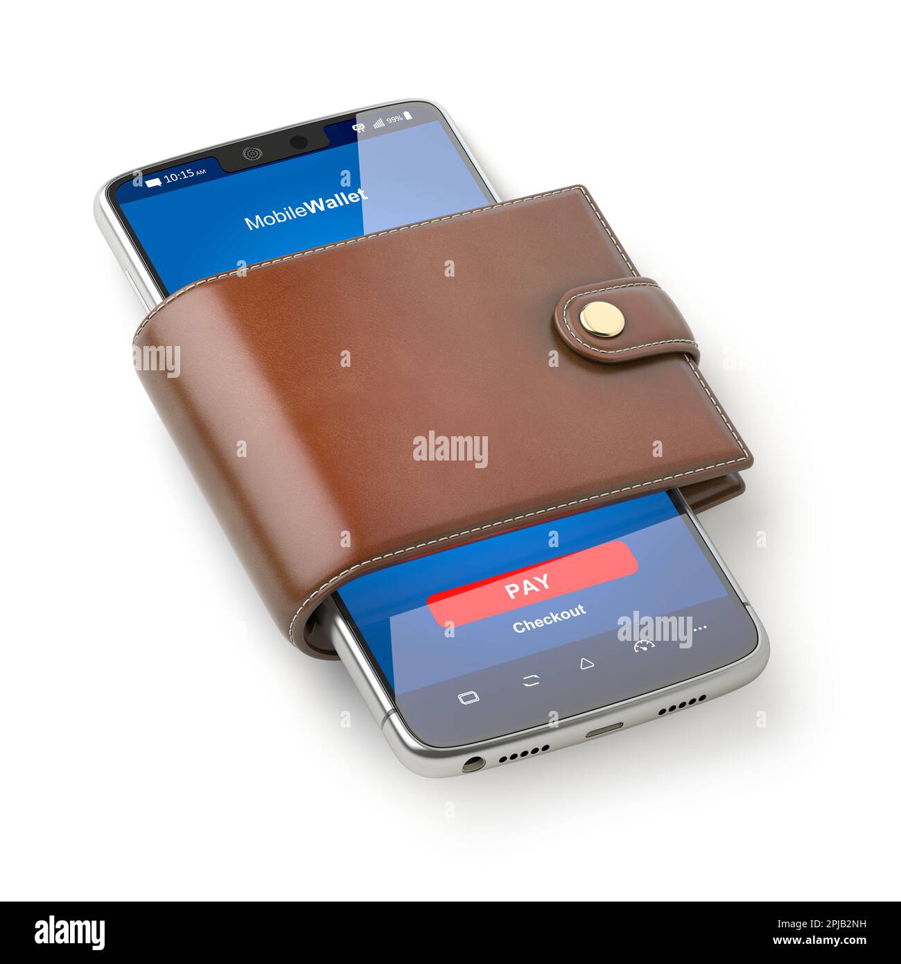 Konzept der mobilen Geldbörse. Smartphone für Bezahlung in Ledertasche. 3D Abbildung Stockfoto