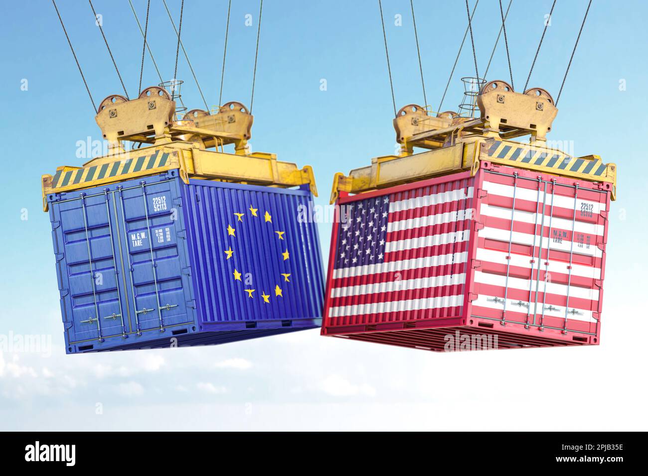 EU, Europäische Union und USA: Dshandelskrieg. Frachtschiffe mit Flaggen der EU und der Vereinigten Staaten. 3D Abbildung Stockfoto