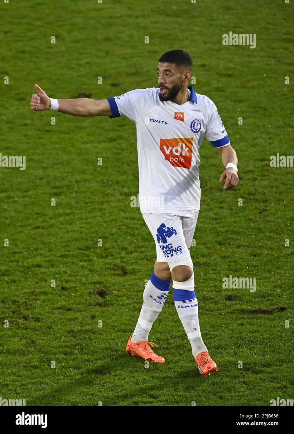 Seraing, Belgien. 01. April 2023. Gents Tarik Tissoudali reagiert während eines Fußballspiels zwischen RFC Seraing und KAA Gent am Samstag, den 01. April 2023 in Seraing, am 31. Tag der ersten Division der belgischen Meisterschaft „Jupiler Pro League“ von 2022-2023. BELGA FOTO JOHN THYS Kredit: Belga News Agency/Alamy Live News Stockfoto