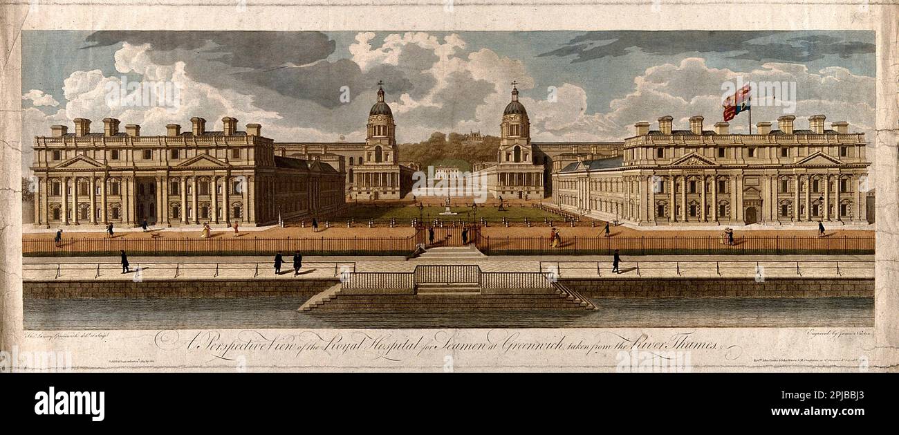 Royal Naval Hospital, Greenwich, die Aussicht auf den Fluss mit dem Queens House und Royal Observatory in der Ferne, viele Menschen laufen herum, von J. Newton nach Thomas Lancey gravieren. c1800. Stockfoto