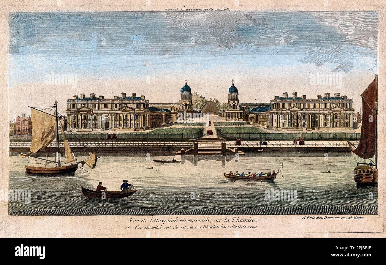 Royal Naval Hospital, Greenwich, mit Schiffen und Ruderbooten im Vordergrund, farbige Gravur von T. Bowles 1753 Stockfoto