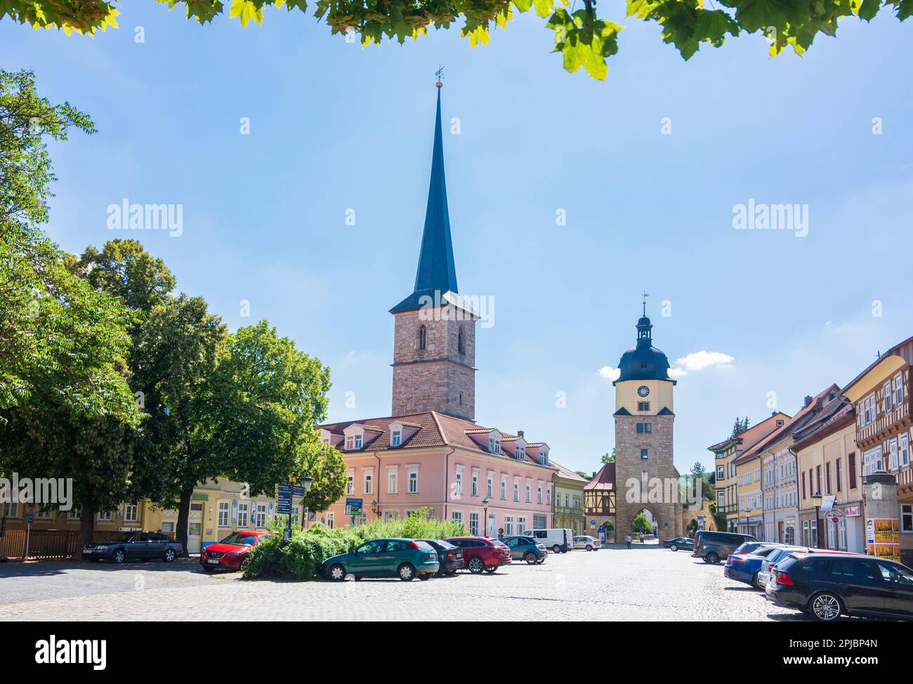 Arnstadt: Stadttor Riedtor und Turm Jakobsturm, Platz Ried in , Thüringen, Thüringen, Deutschland Stockfoto
