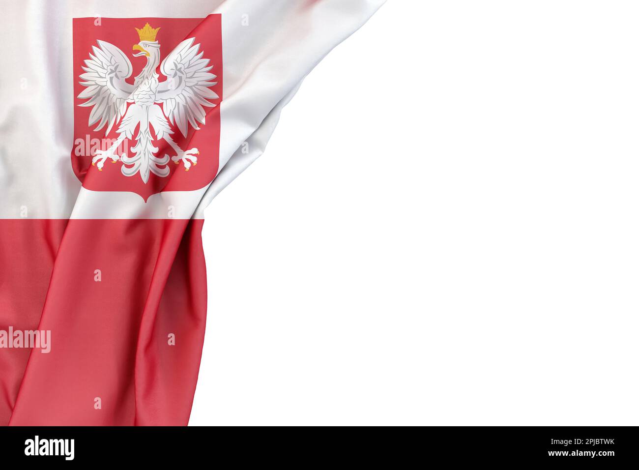 Polnische Flagge mit Wappen in der Ecke auf weißem Hintergrund. 3D-Rendering. Isoliert Stockfoto